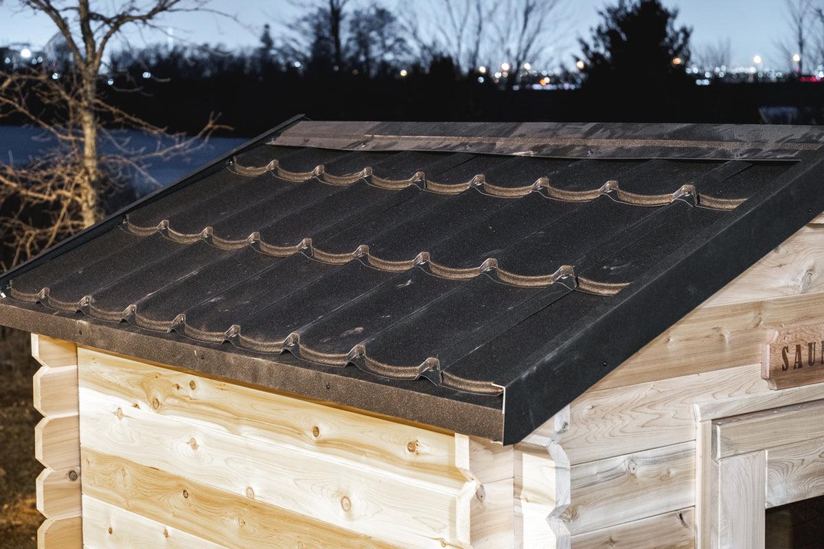 Close up view of the roof of a Leisurecraft Canadian Timber Granby Cabin Outdoor Sauna.