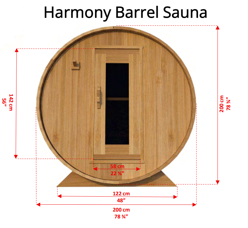 Front view detailed dimensions of Leisurecraft Canadian Timber Harmony Barrel Sauna.