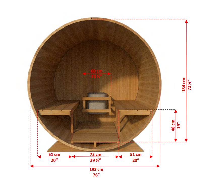 Interior view detailed dimensions of Leisurecraft Canadian Timber Harmony Barrel Sauna.