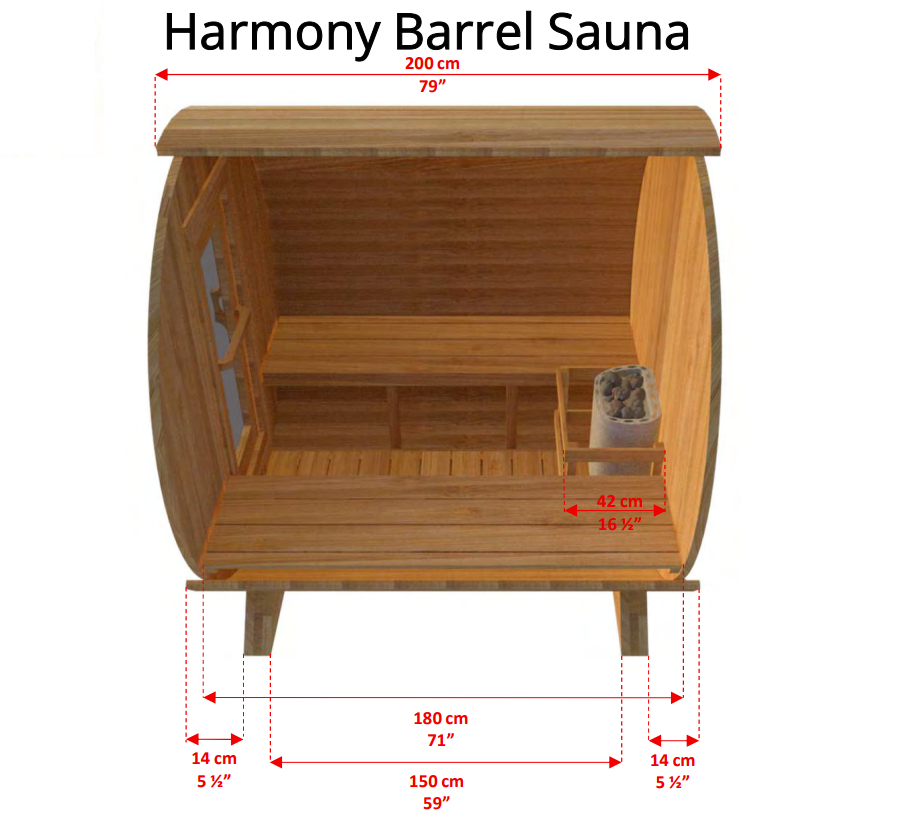 Side view detailed dimensions of Leisurecraft Canadian Timber Harmony Barrel Sauna.