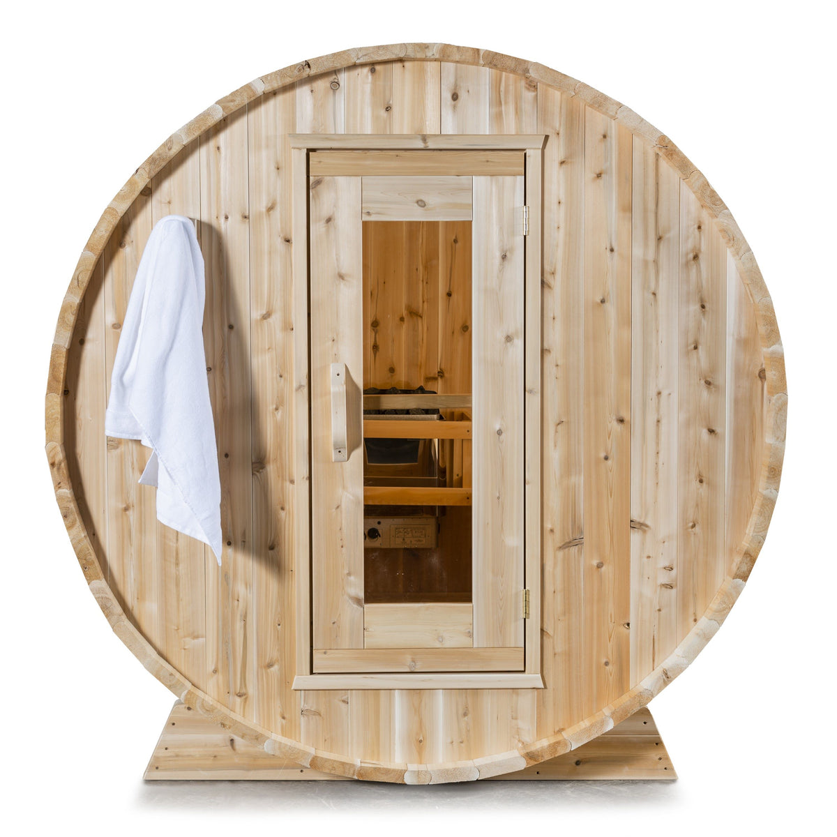 Front view of Leisurecraft Canadian Timber Harmony Barrel Sauna with the door closed and a white background.