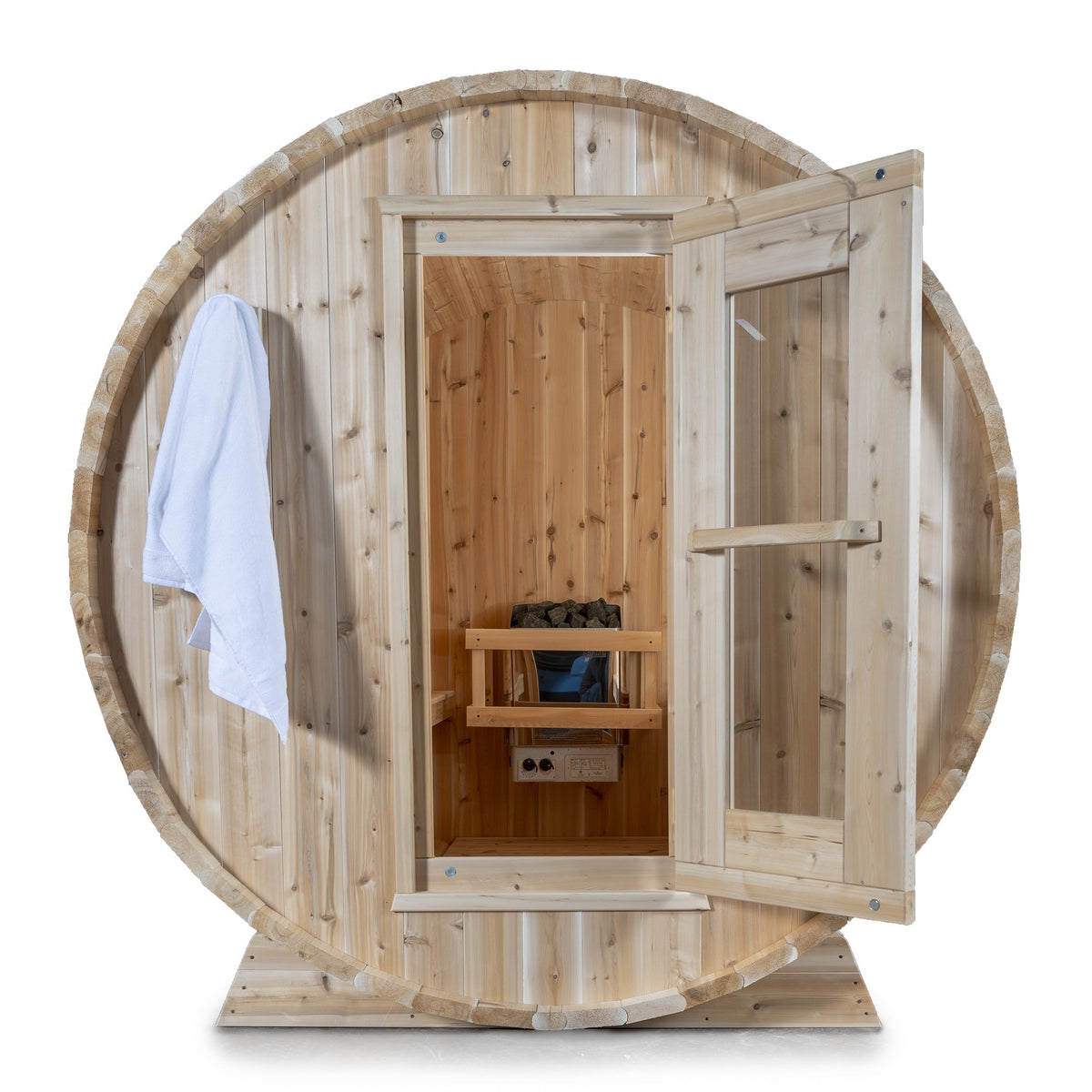 Front view of Leisurecraft Canadian Timber Harmony Barrel Sauna with the door open showing the interior and a white background.