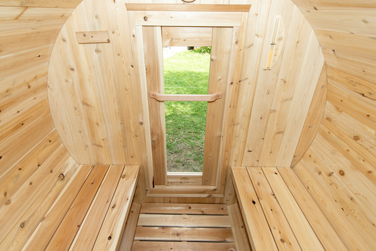 Close-up view of entrance of Leisurecraft Canadian Timber Harmony Barrel Sauna.