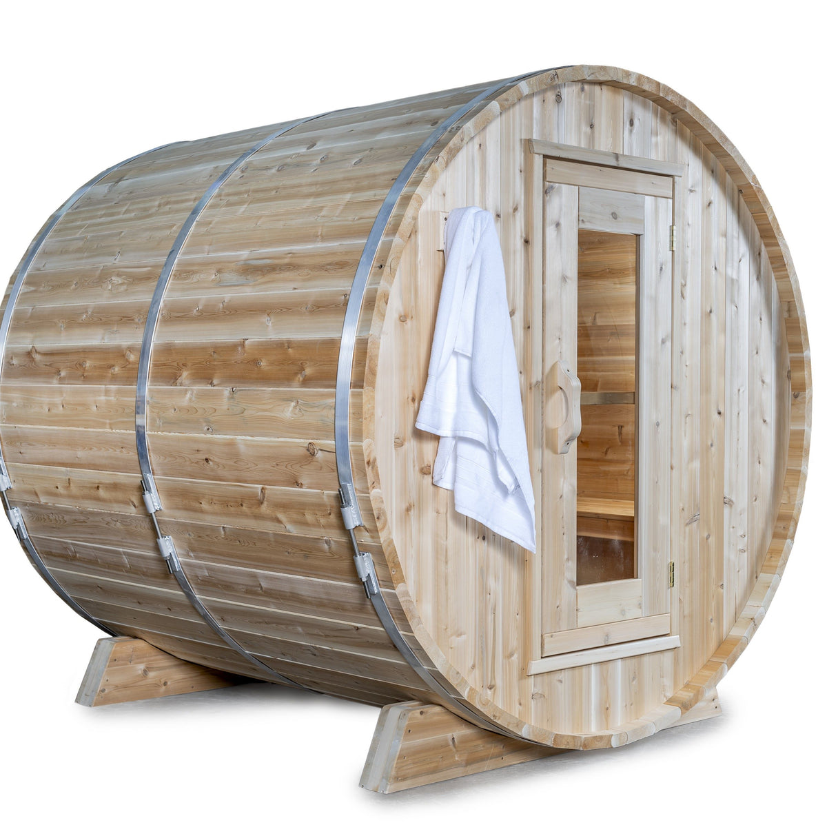 Left side view of Leisurecraft Canadian Timber Harmony Barrel Sauna on a white background.