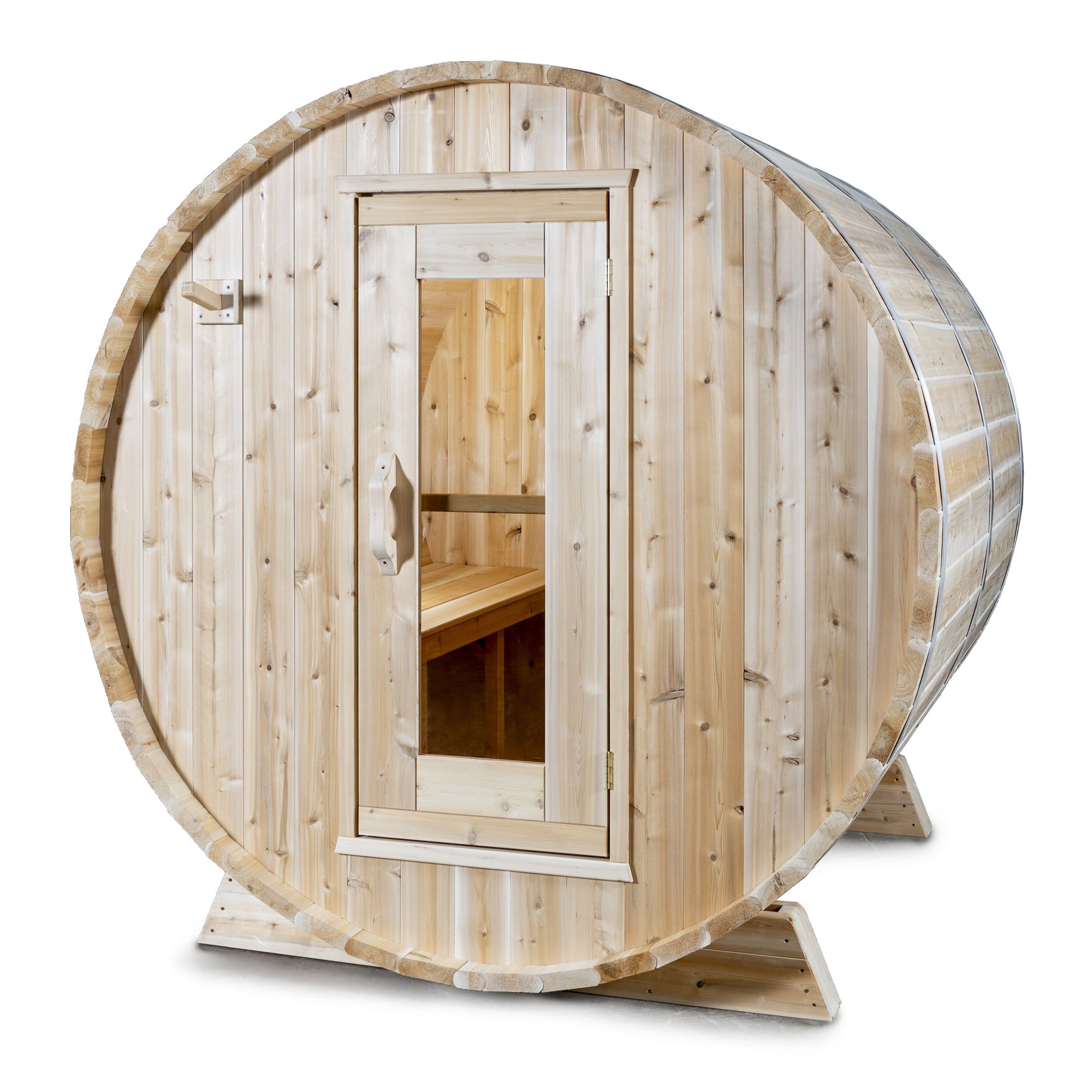 Main view of Leisurecraft Canadian Timber Harmony Barrel Sauna on a white background.