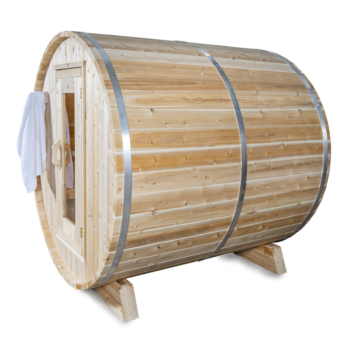 Right side view of Leisurecraft Canadian Timber Harmony Barrel Sauna on a white background.