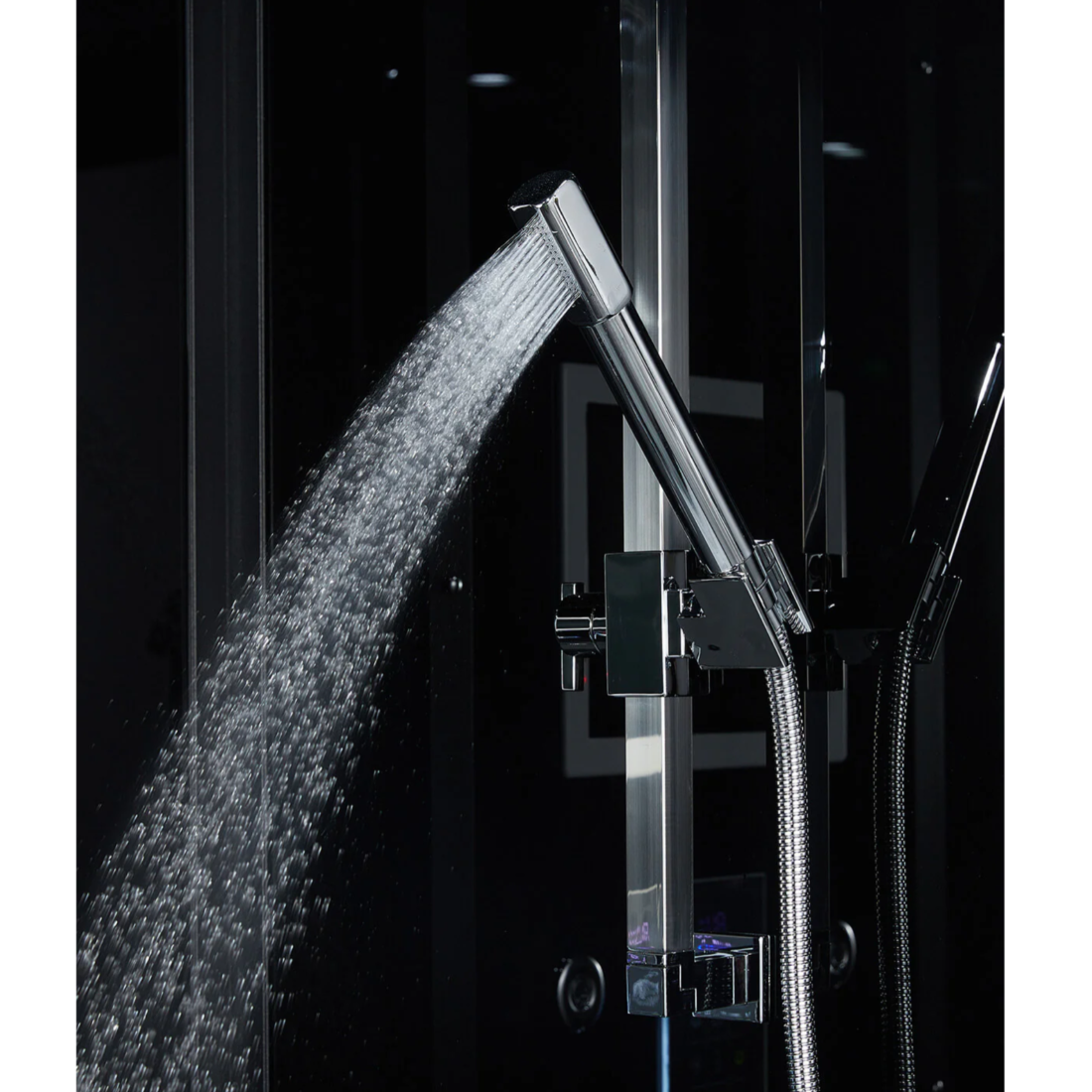 Close-up view of interior details of Maya Bath Anzio Steam Shower black version.