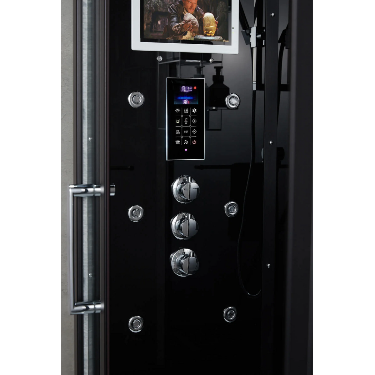 Interior view of Maya Bath Anzio Steam Shower black version, showcasing its smart TV, control panel and massage jets.