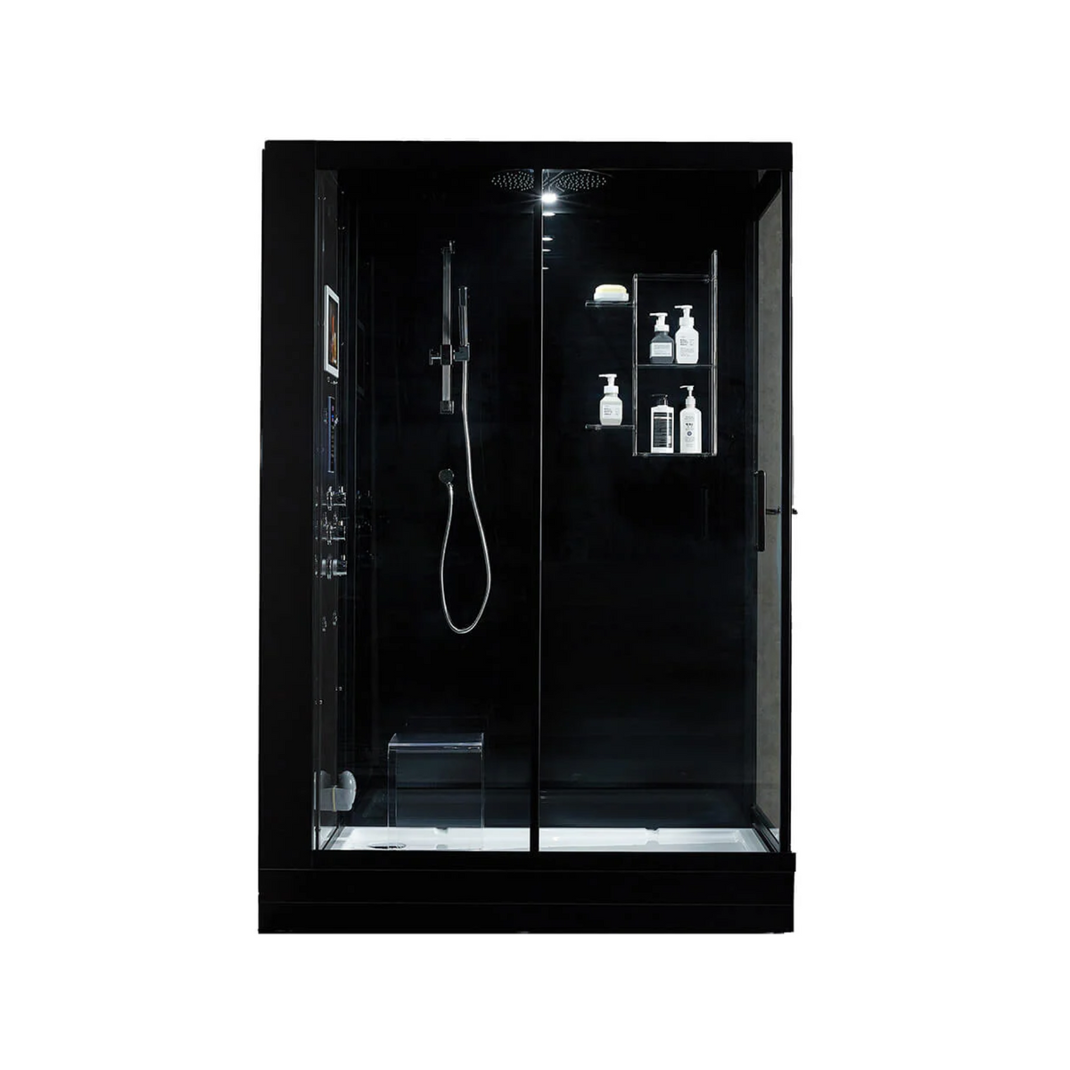 Front view of Maya Bath Anzio Steam Shower black version with shower on left position.