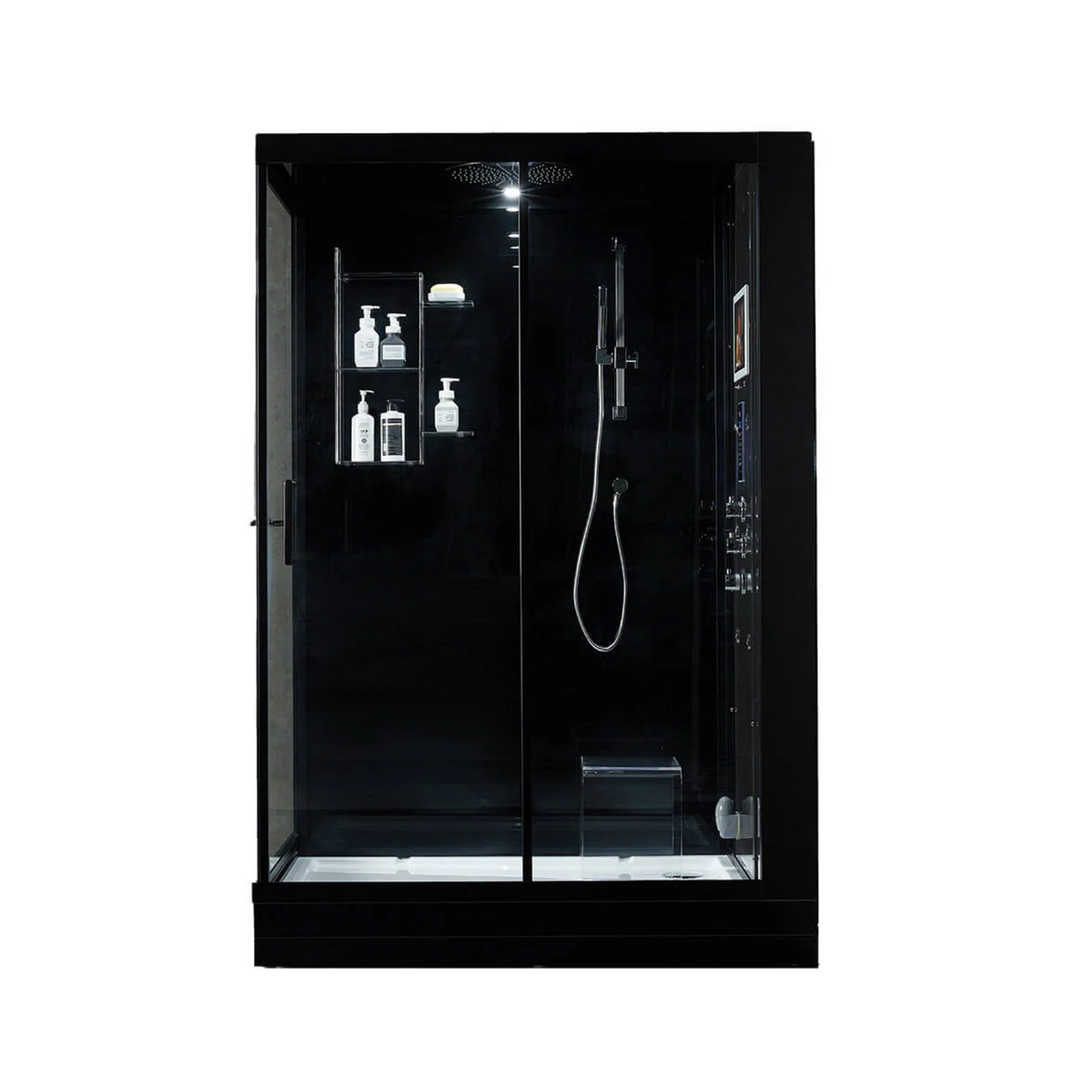 Front view of Maya Bath Anzio Steam Shower black version with shower on right position.