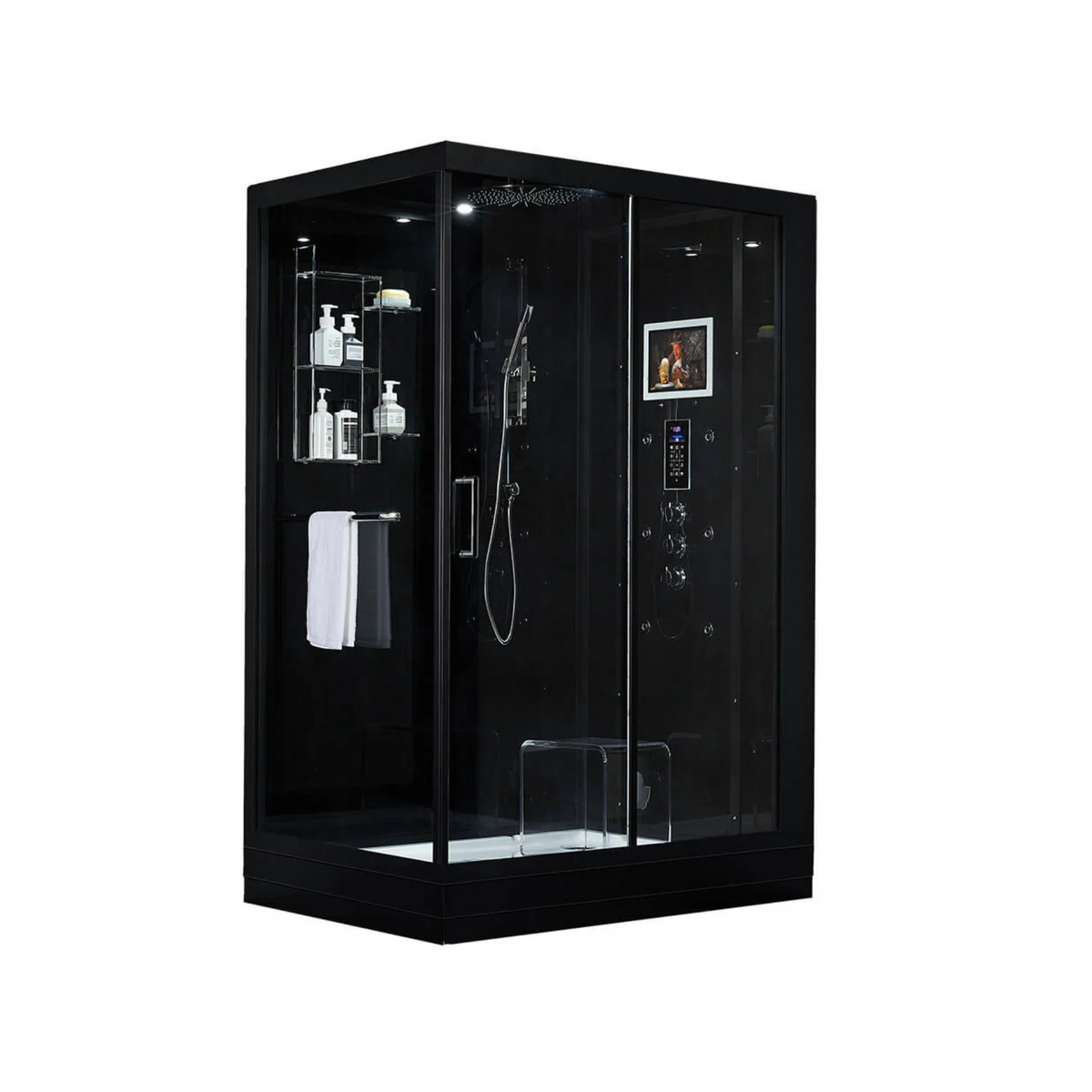 Main view of Maya Bath Anzio Steam Shower black version with shower on right position.