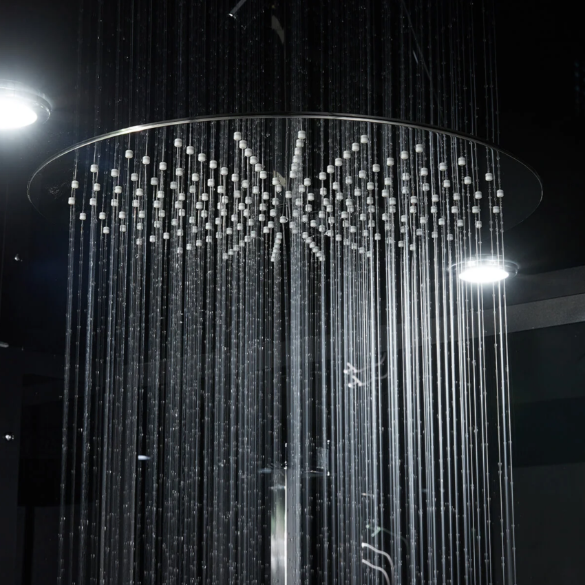 Close-up view of interior details of Maya Bath Anzio Steam Shower black version.