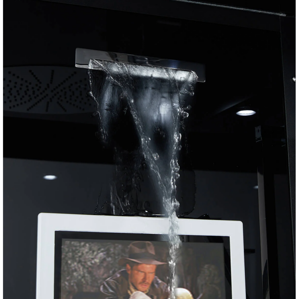 Close-up view of waterfall inlet of Maya Bath Anzio Steam Shower black version.