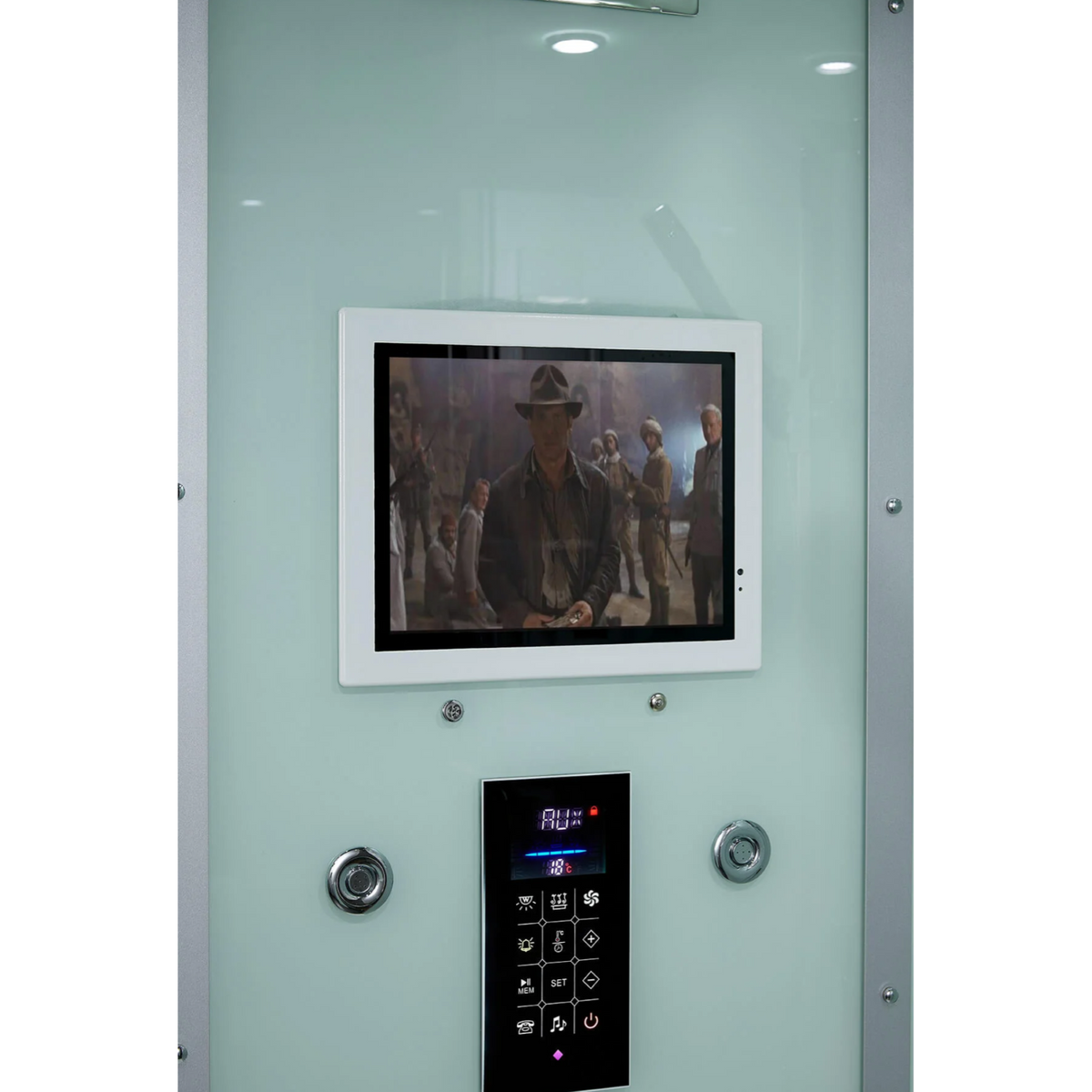 Close up view of smart TV and control panel of Maya Bath Anzio Steam Shower white version.