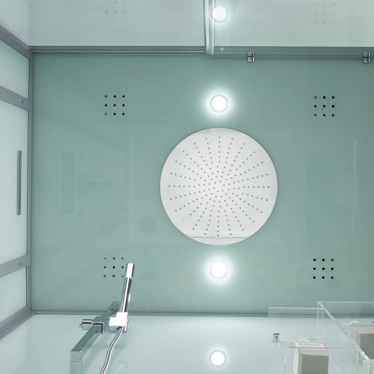 Close-up view of lighting of Maya Bath Anzio Steam Shower white version.