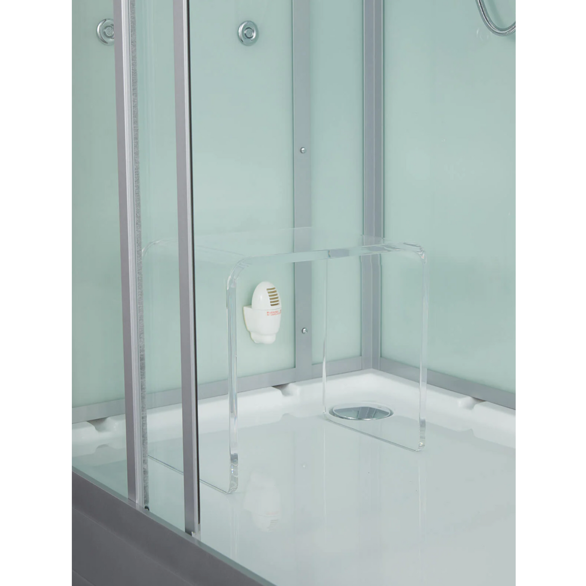 Close-up view of interior details of Maya Bath Anzio Steam Shower white version.