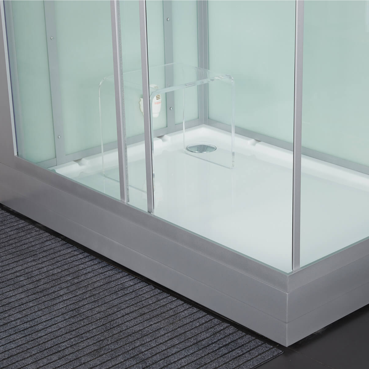 Close-up view of interior details of Maya Bath Anzio Steam Shower white version.