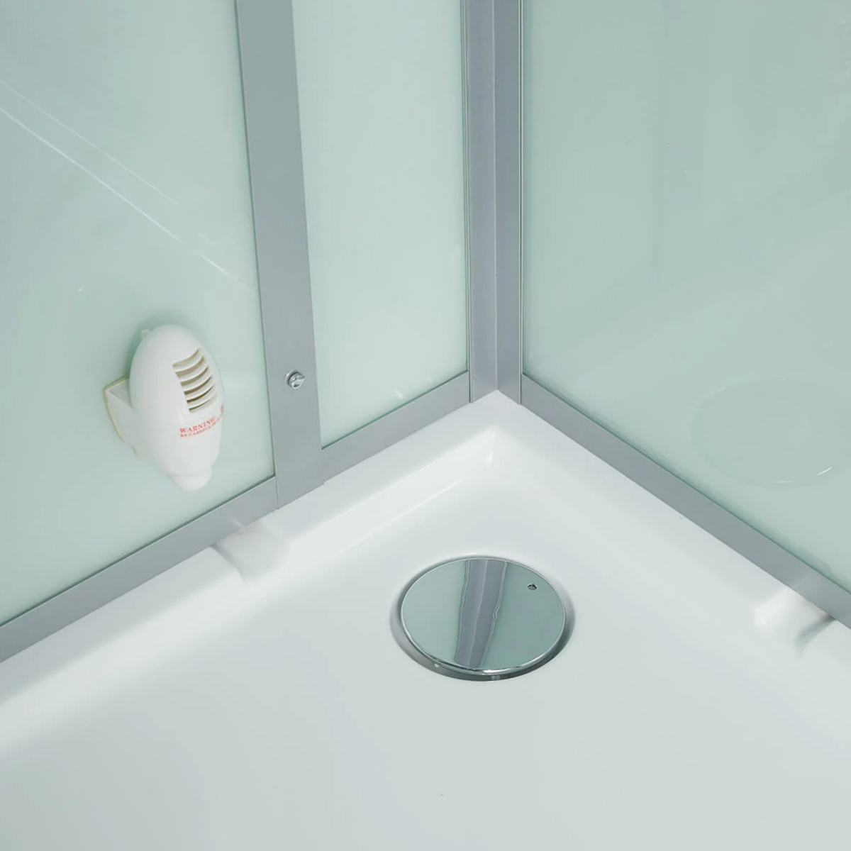 Close-up view of interior details of Maya Bath Anzio Steam Shower white version.