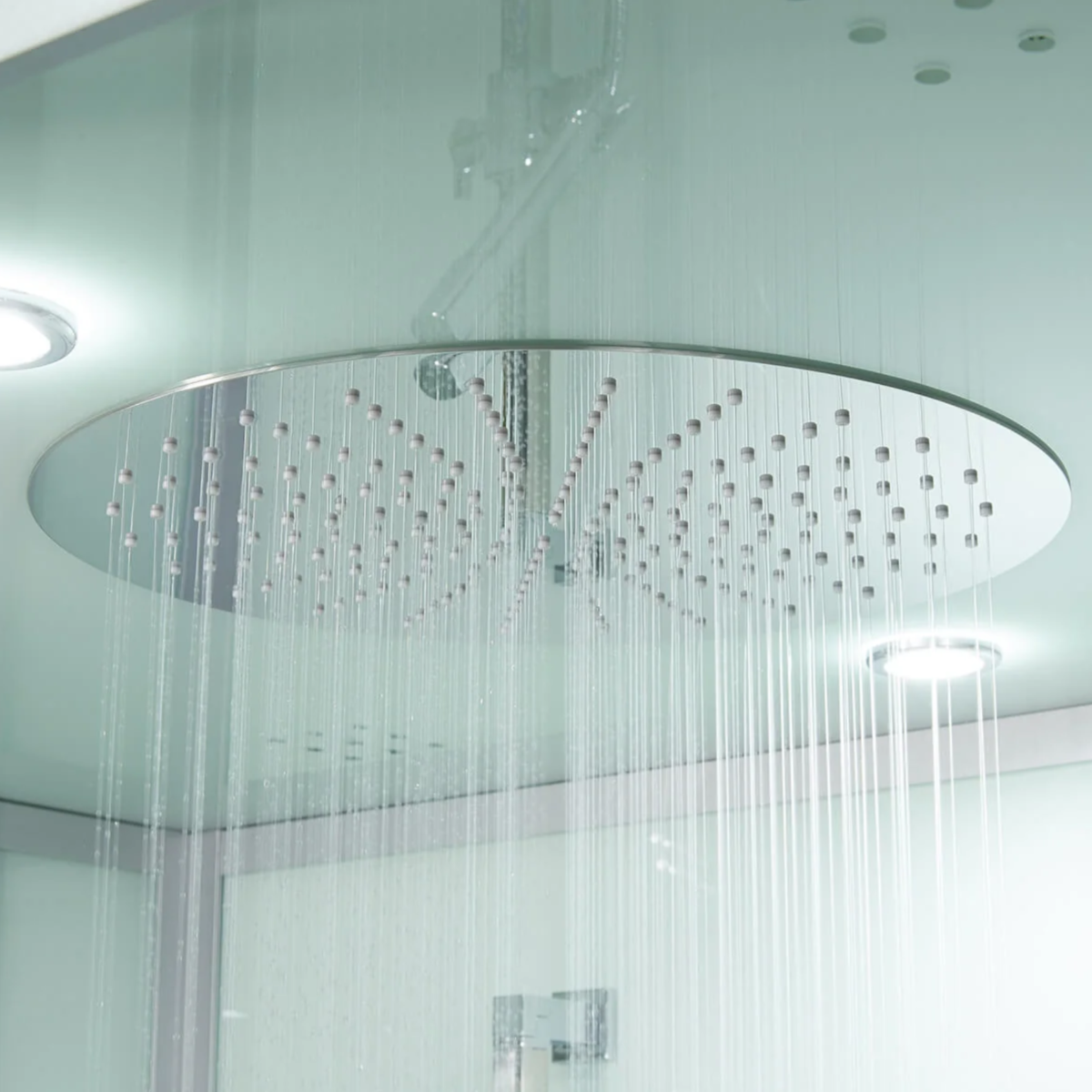 Close-up view of interior details of Maya Bath Anzio Steam Shower white version.