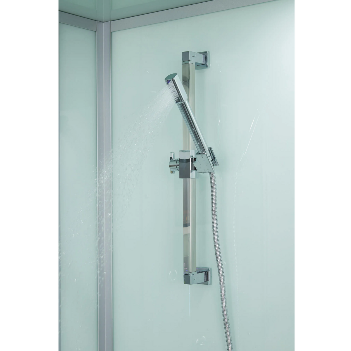 Close-up view of interior details of Maya Bath Anzio Steam Shower white version.