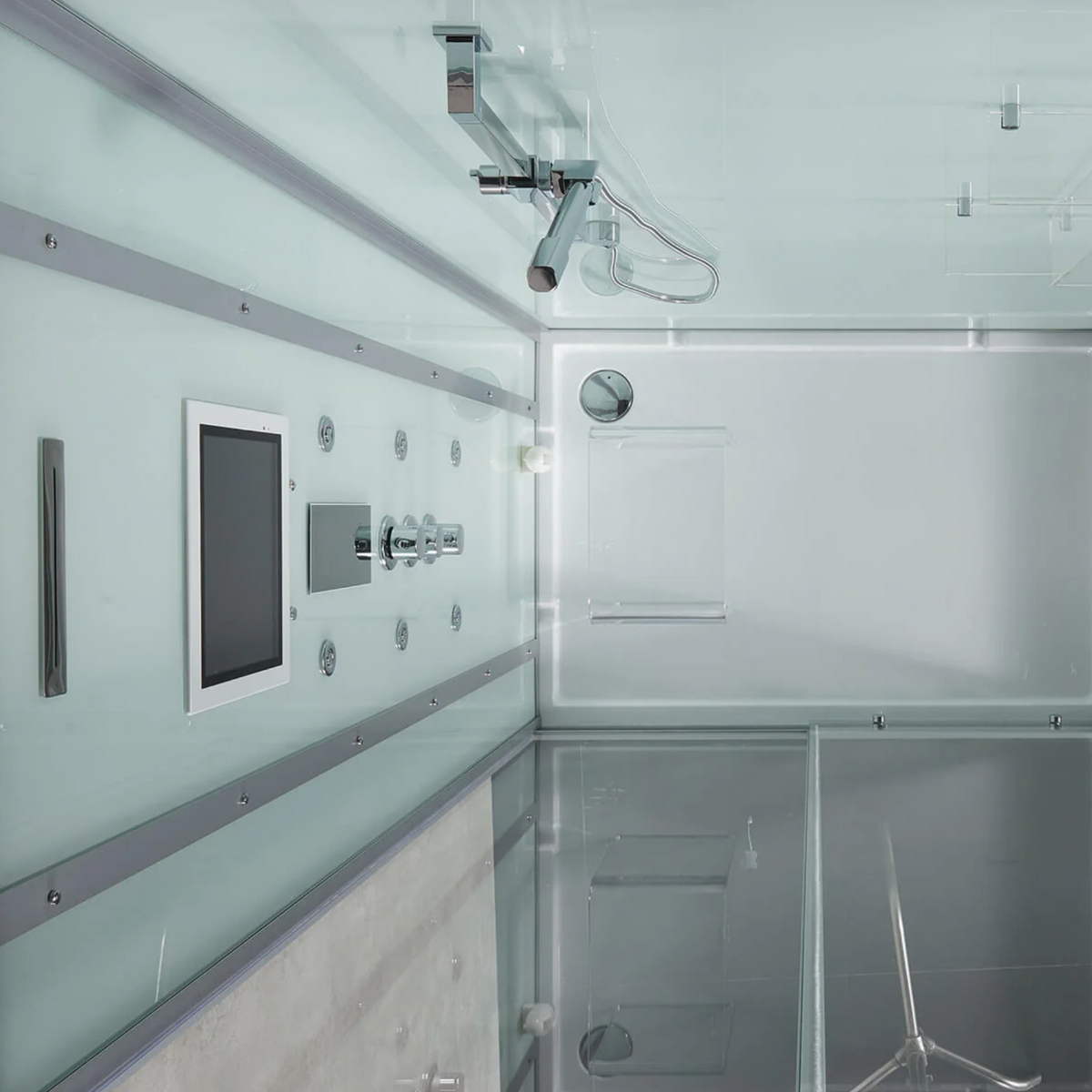 Interior view of Maya Bath Anzio Steam Shower white version, showing its sleek and spacious design.