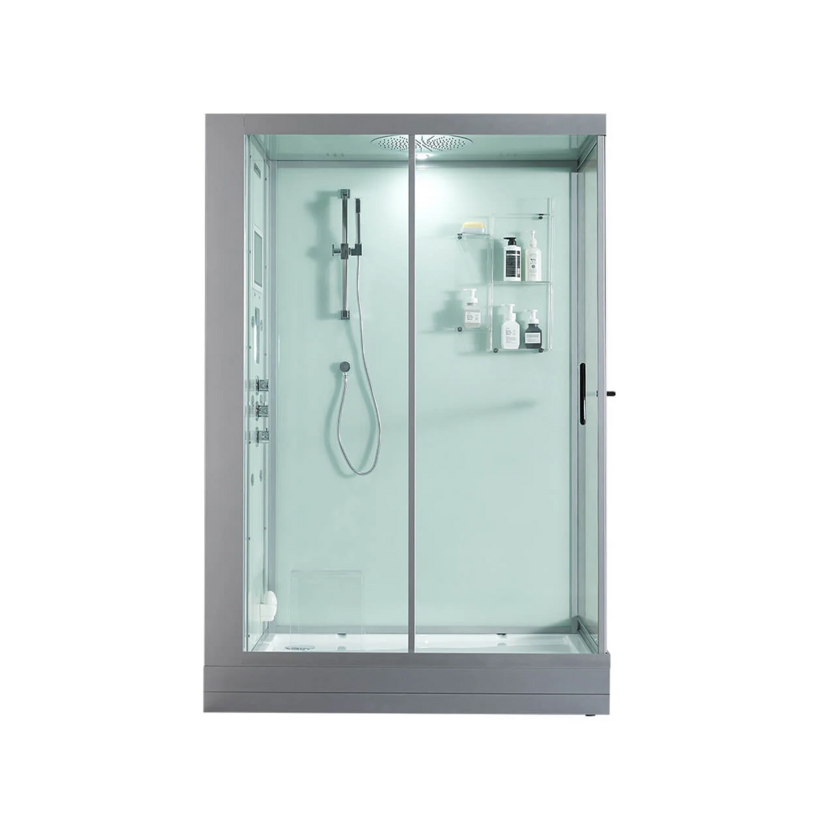 Front view of Maya Bath Anzio Steam Shower white version left shower position.