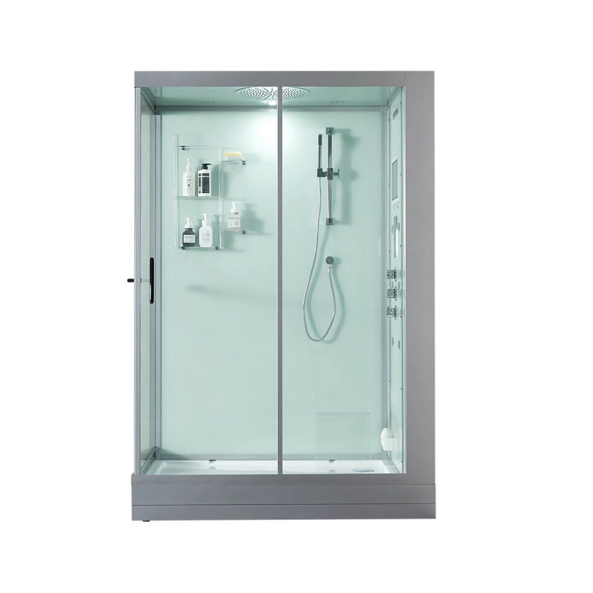 Front view of Maya Bath Anzio Steam Shower white version right shower position.