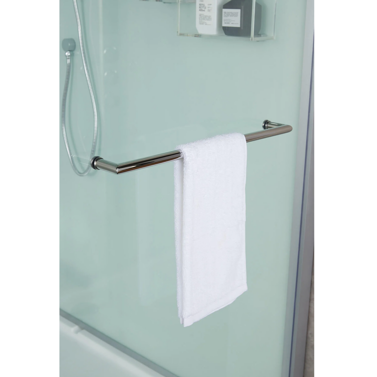 Close-up view of towel rack of Maya Bath Anzio Steam Shower white version.