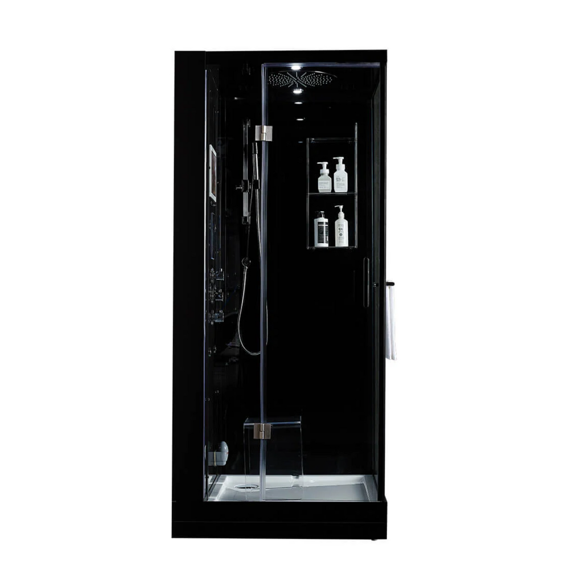 Front view of Maya Bath Platinum Arezzo Steam Shower black version with shower in left position.