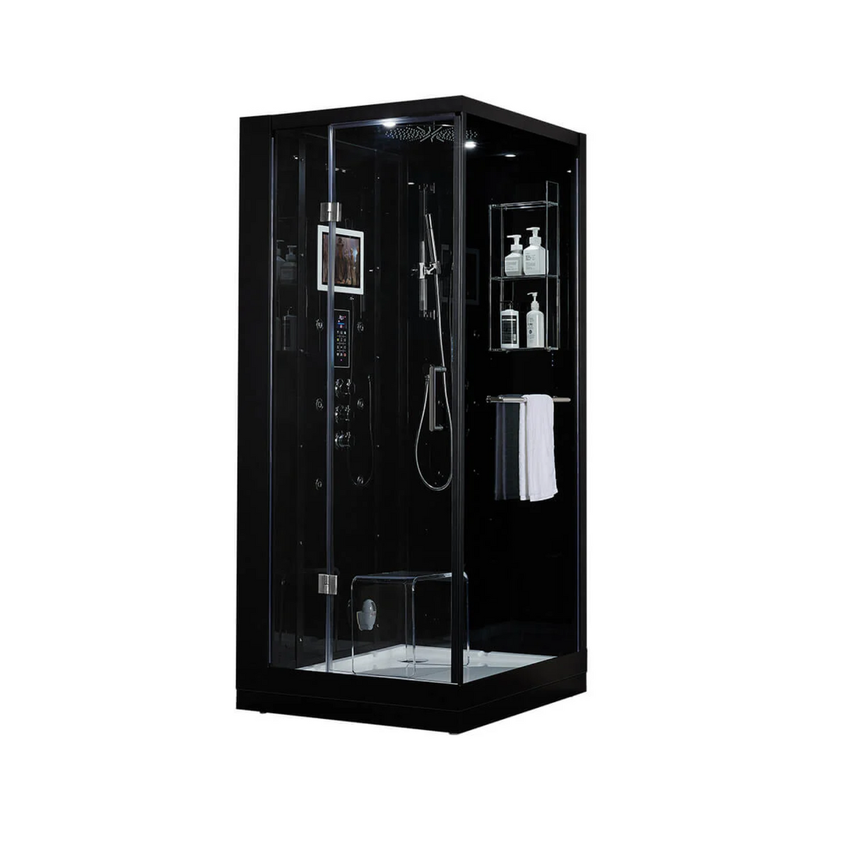 Main view of Maya Bath Platinum Arezzo Steam Shower black version with shower in left position.