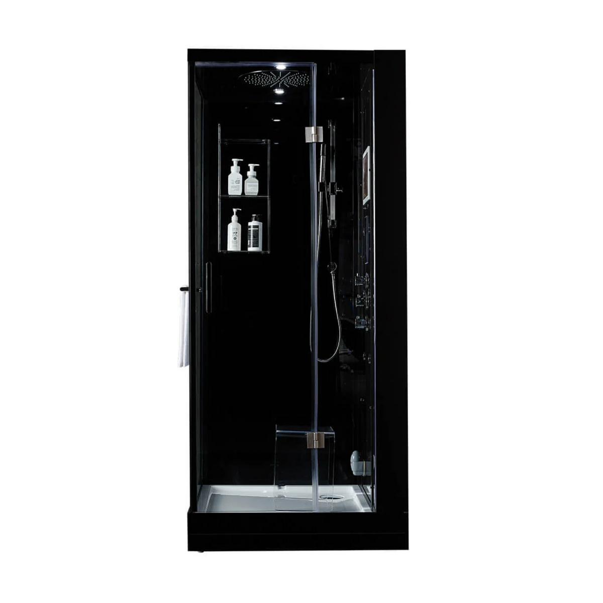 Front view of Maya Bath Platinum Arezzo Steam Shower black version with shower in right position.