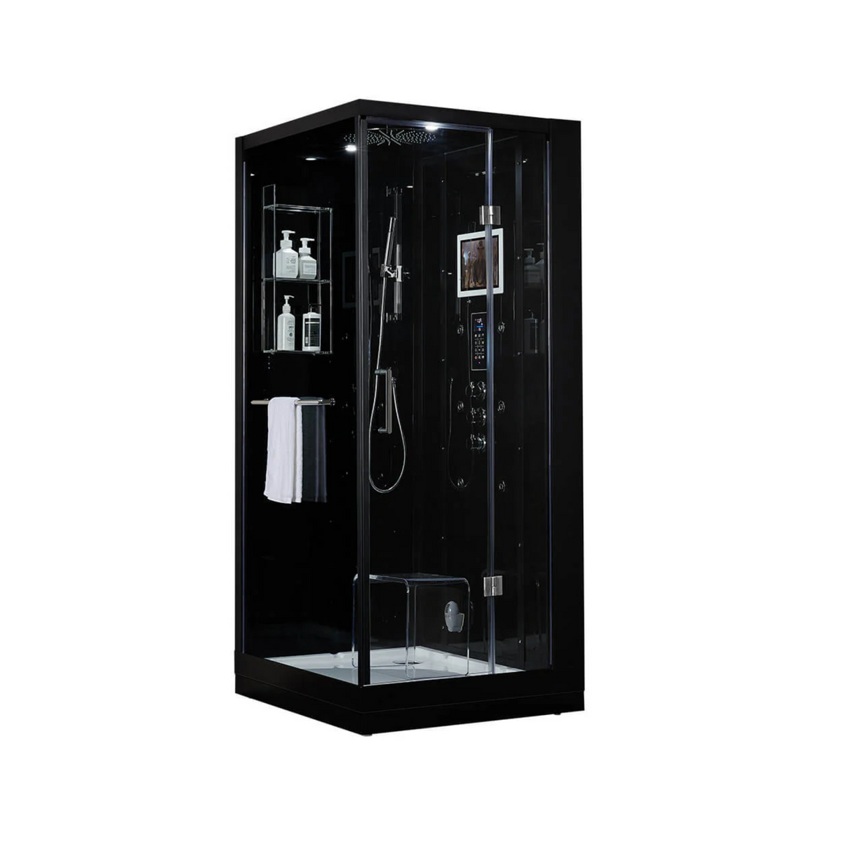 Main view of Maya Bath Platinum Arezzo Steam Shower black version with shower in right position.