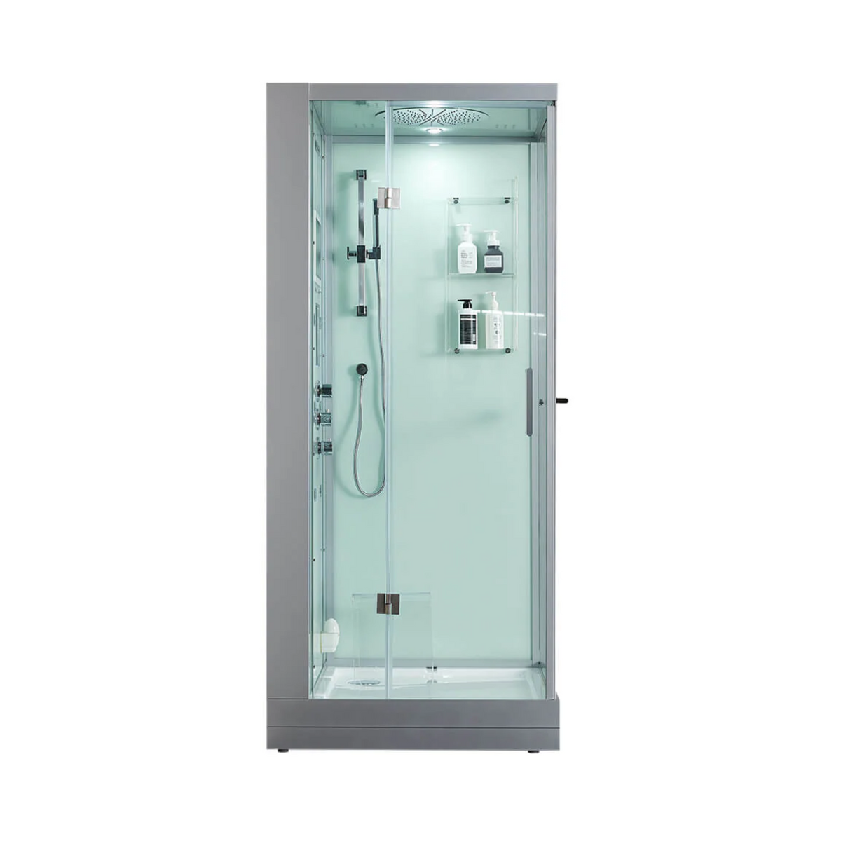 Front view of Maya Bath Platinum Arezzo Steam Shower white version with shower in left position.