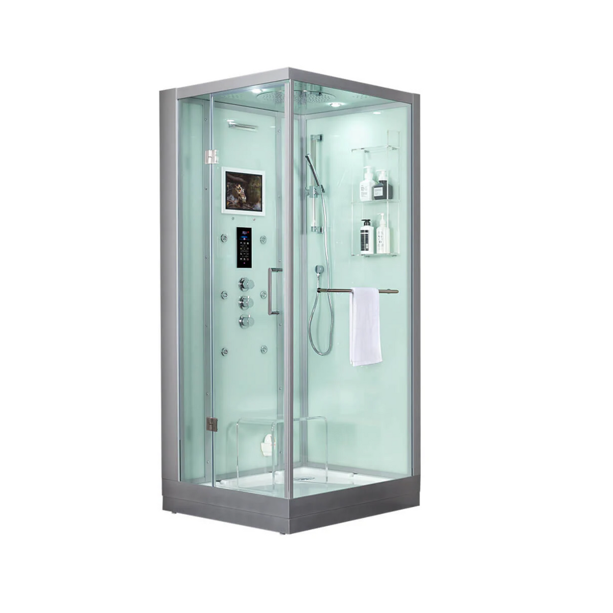 Main view of Maya Bath Platinum Arezzo Steam Shower white version with shower in left position.