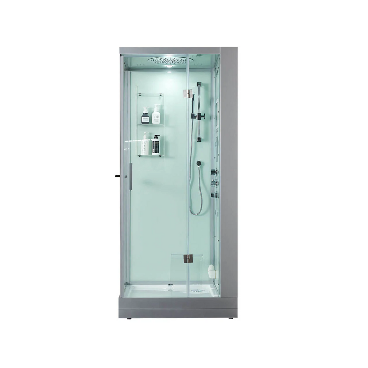 Front view of Maya Bath Platinum Arezzo Steam Shower white version with shower in right position.