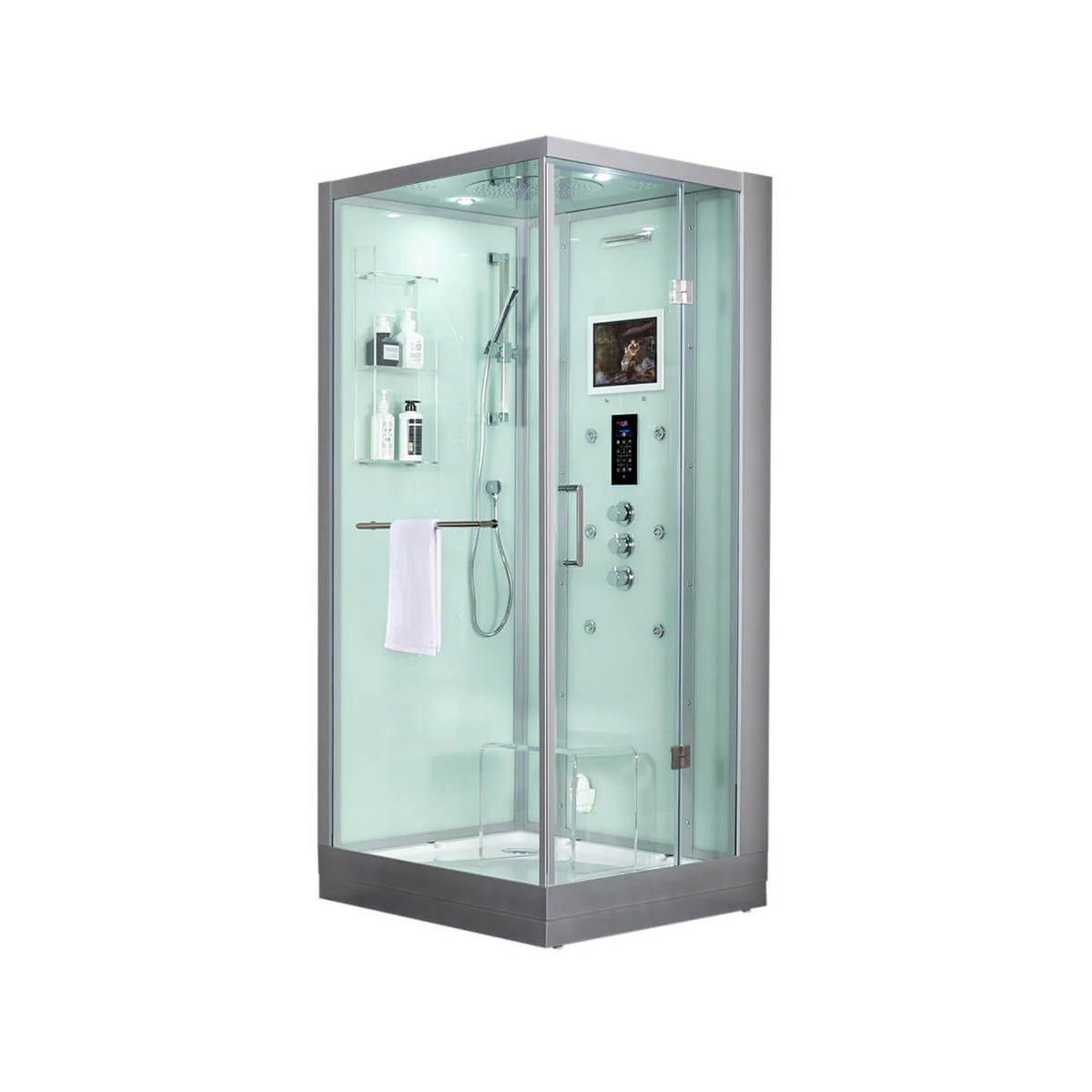 Main view of Maya Bath Platinum Arezzo Steam Shower white version with shower in right position.