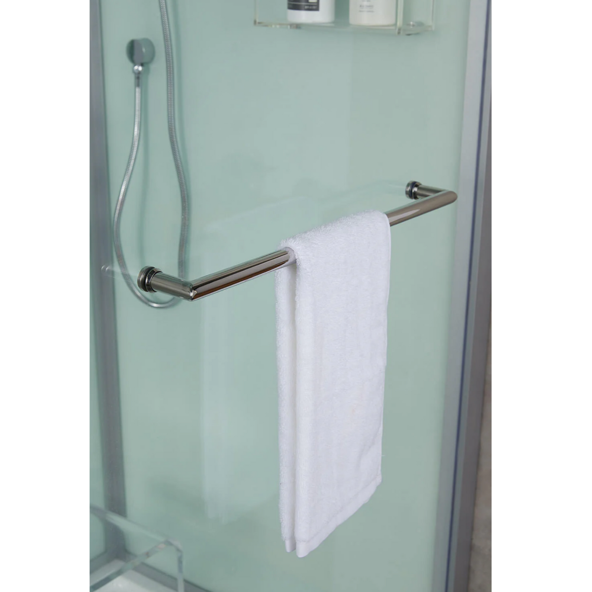 Close-up view of the towel rack of Maya Bath Platinum Arezzo Steam Shower white version.