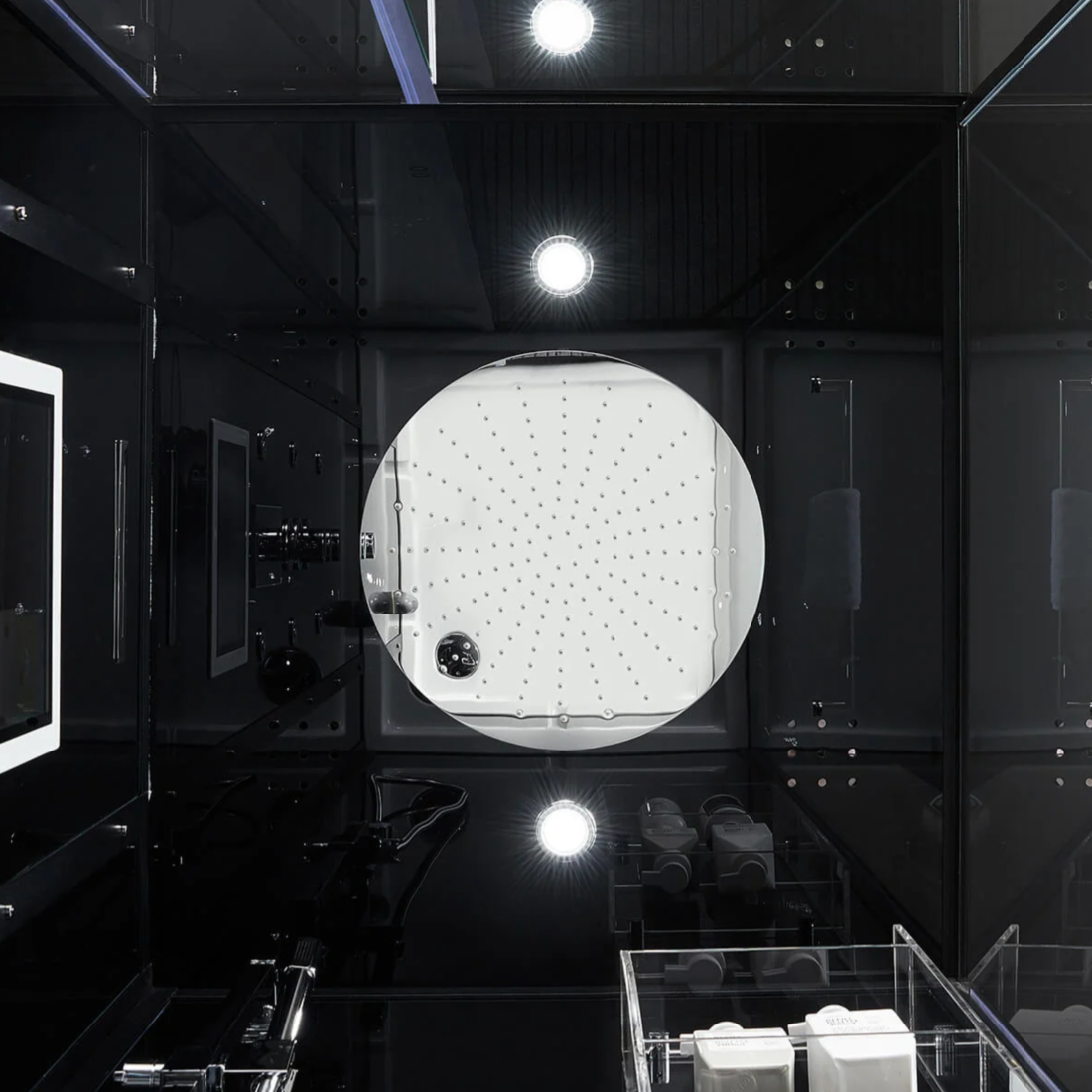 View of the ceiling of Maya Bath Platinum Arezzo Steam Shower black version.