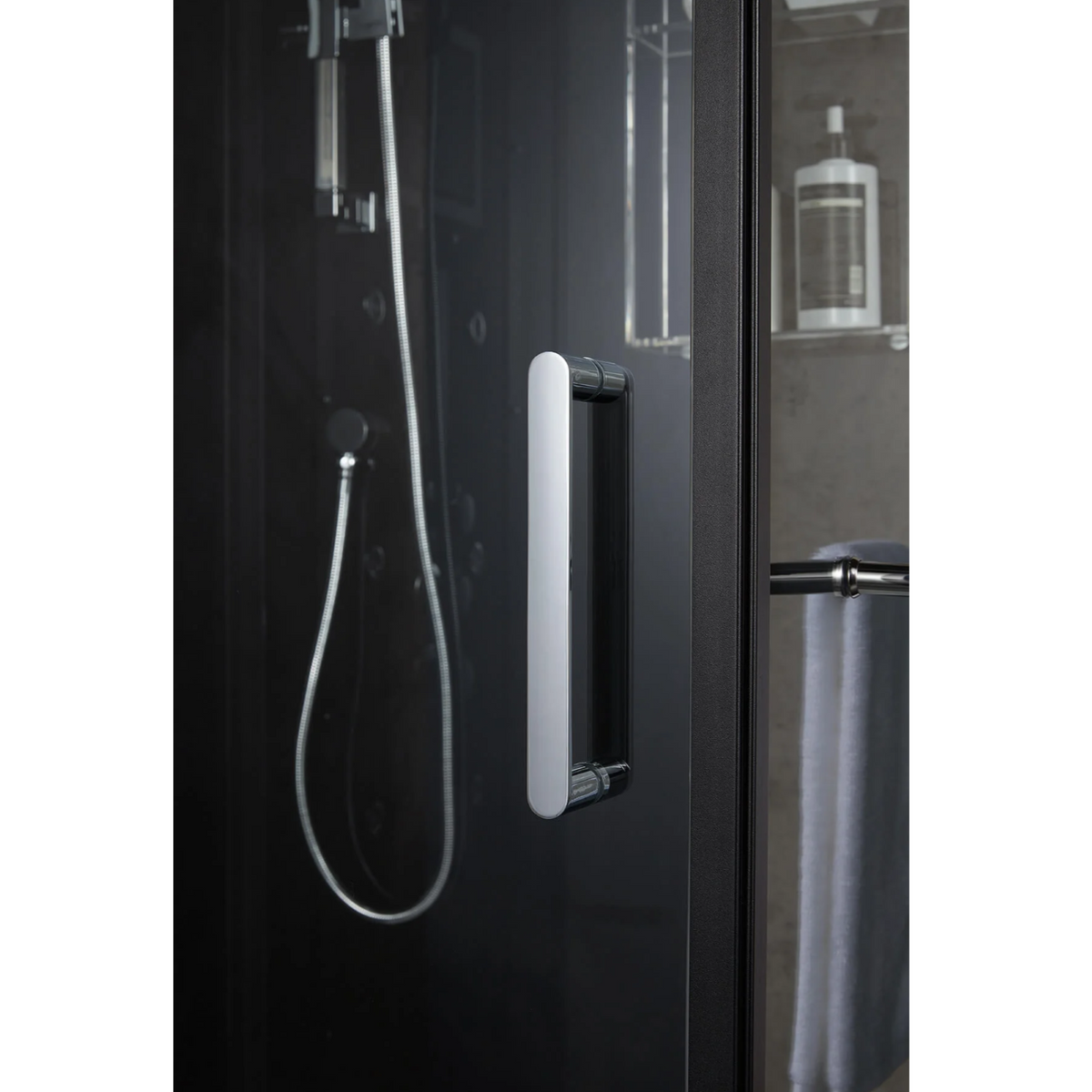 Door handle of Maya Bath Platinum Arezzo Steam Shower black version.