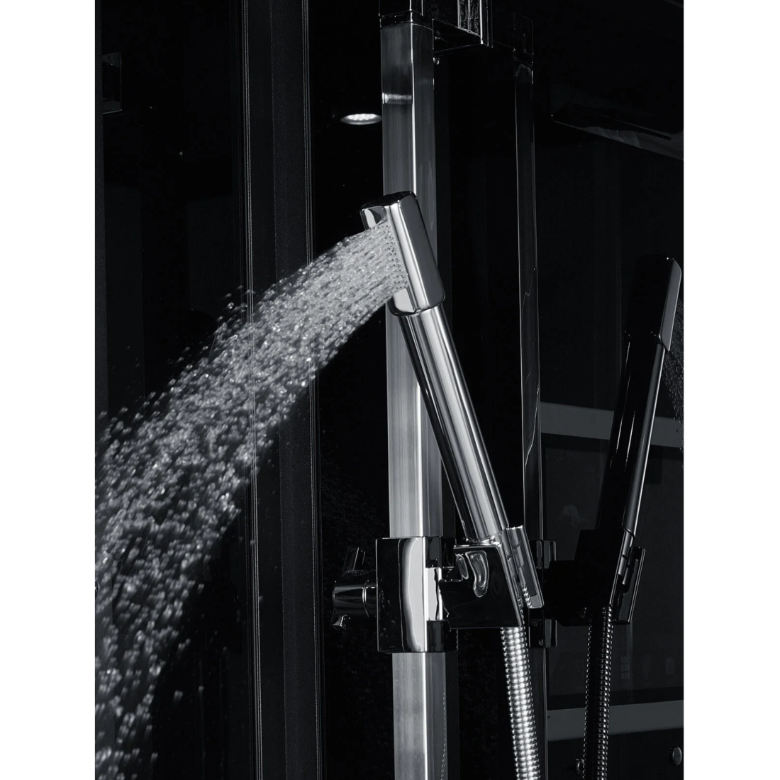 Handheld shower head of Maya Bath Platinum Arezzo Steam Shower black version.