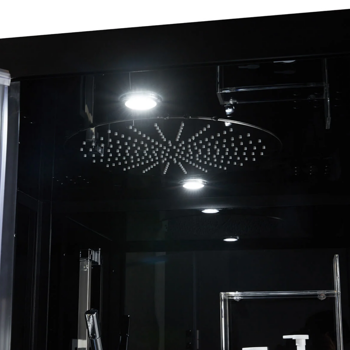 Rainfall ceiling shower head of Maya Bath Platinum Arezzo Steam Shower black version.