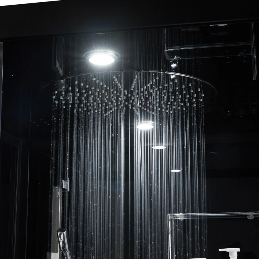 Rainfall ceiling shower head of Maya Bath Platinum Arezzo Steam Shower black version.