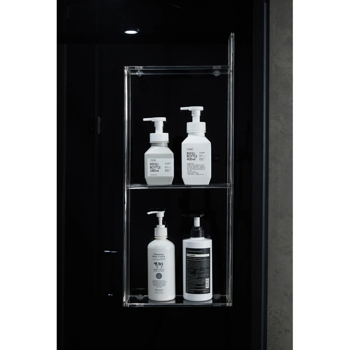 Storage shelves of Maya Bath Platinum Arezzo Steam Shower black version.