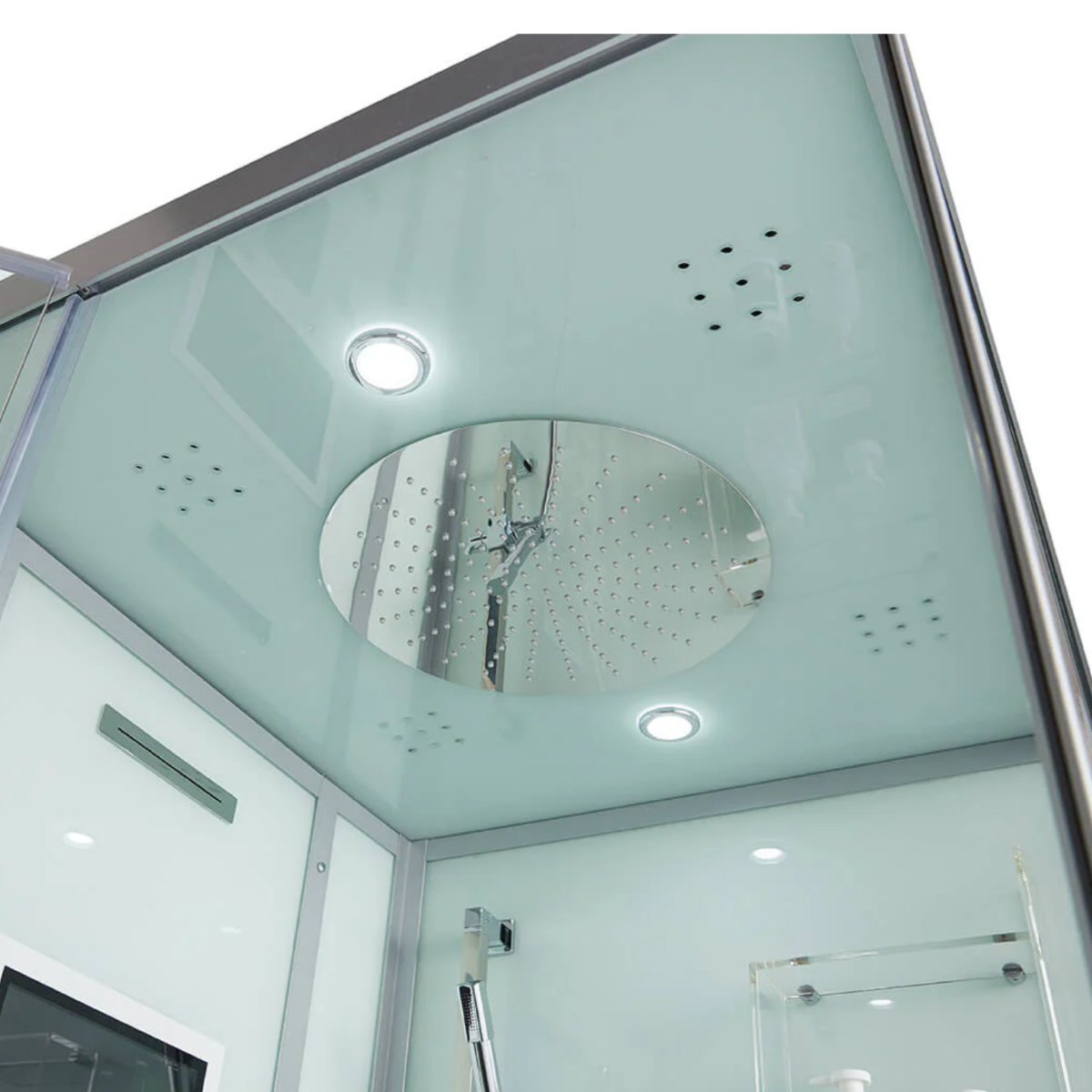 Close-up view of the ceiling of Maya Bath Platinum Arezzo Steam Shower white version.