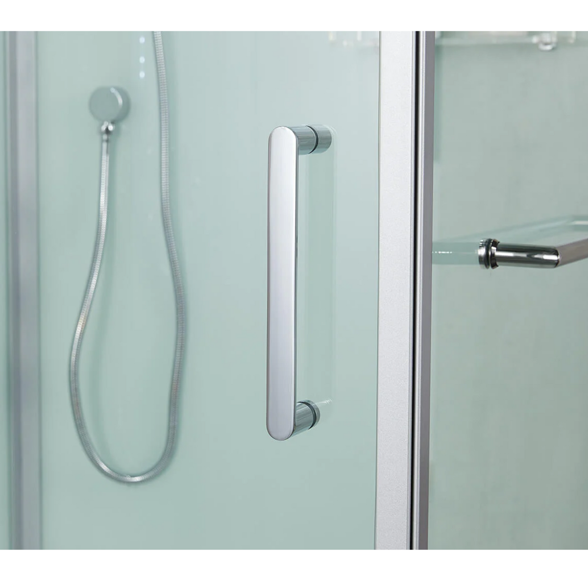 Close-up view of the door handle of Maya Bath Platinum Arezzo Steam Shower white version.