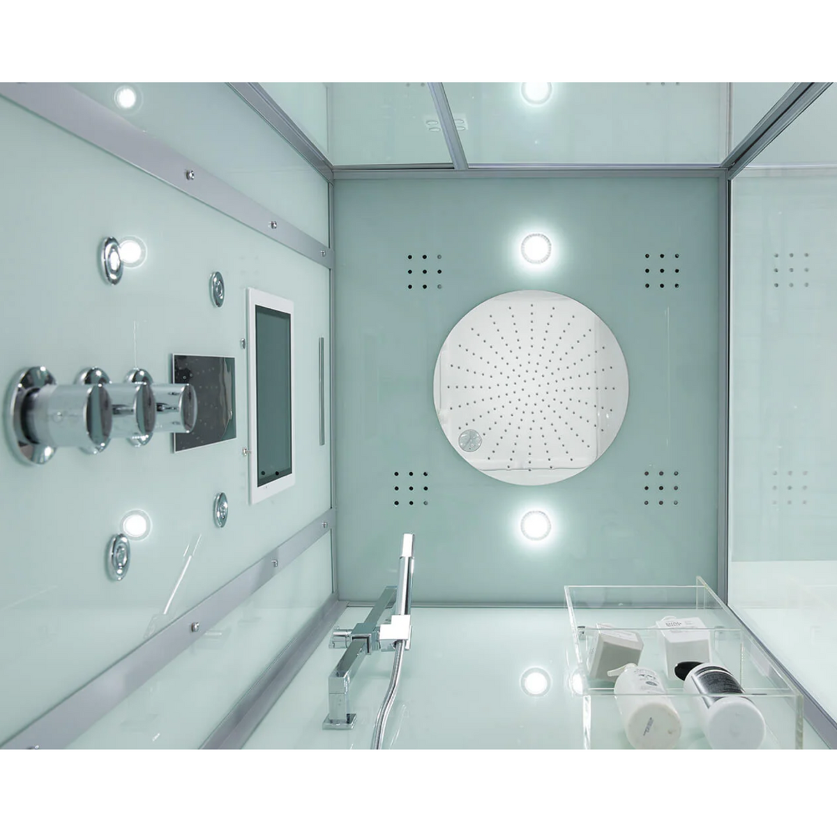 Interior view of Maya Bath Platinum Arezzo Steam Shower white version showing its ceiling.