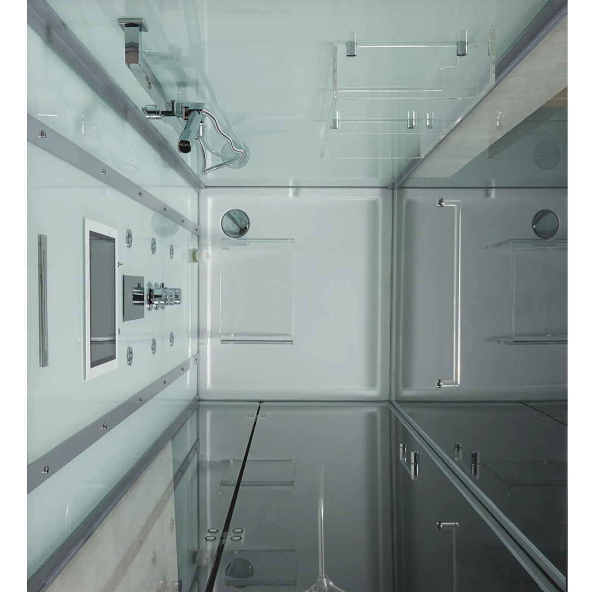 Interior view of Maya Bath Platinum Arezzo Steam Shower white version, highlighting its elegant and clean style.