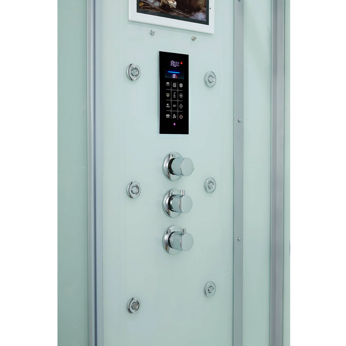 Interior view of Maya Bath Platinum Arezzo Steam Shower white version, showing its smart TV, control panel and massage jets.