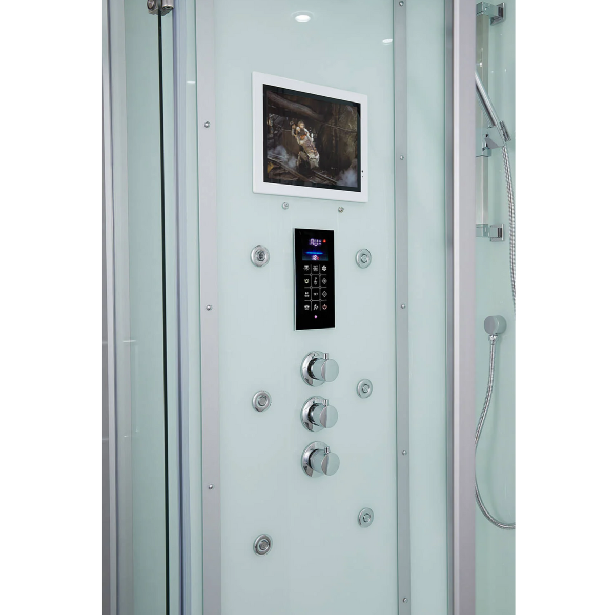 Interior view of Maya Bath Platinum Arezzo Steam Shower white version, showing its smart TV, control panel and massage jets.