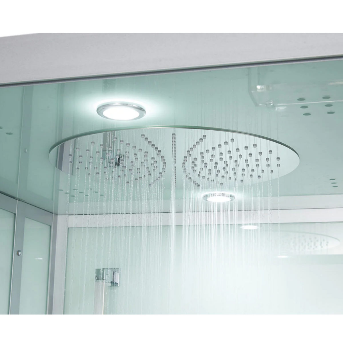 Close-up view of the rainfall ceiling shower of Maya Bath Platinum Arezzo Steam Shower white version.